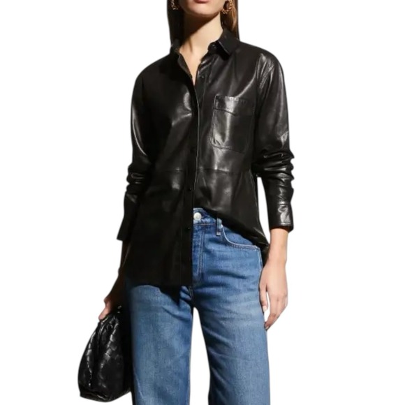Rag & Bone Jack Leather Button Down Shirt Blouse Shacket Black Sz M NWT $795‎